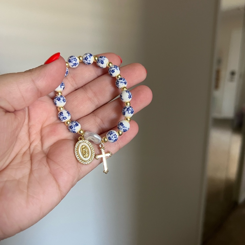 Blue and White Beaded Bracelet with Gold Charms